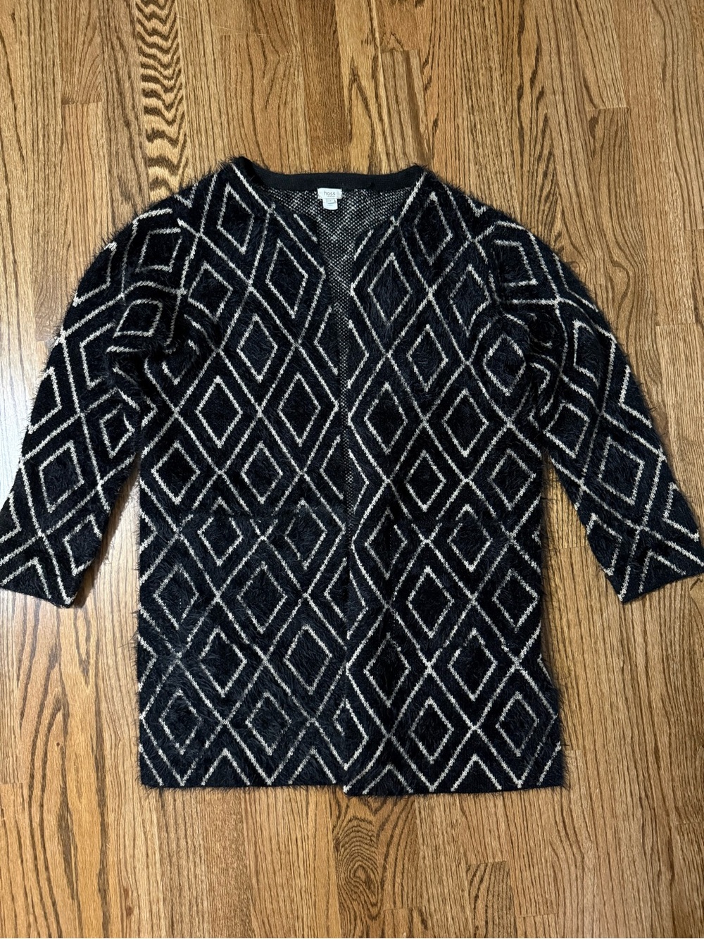Geometric Open-Front Black & Cream Diamond Cardigan